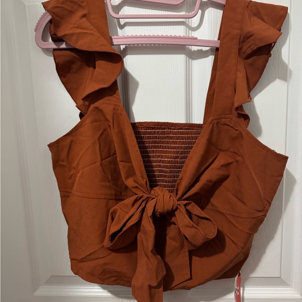 Cider Rust-Brown Ruffle Tie-Front Crop Top